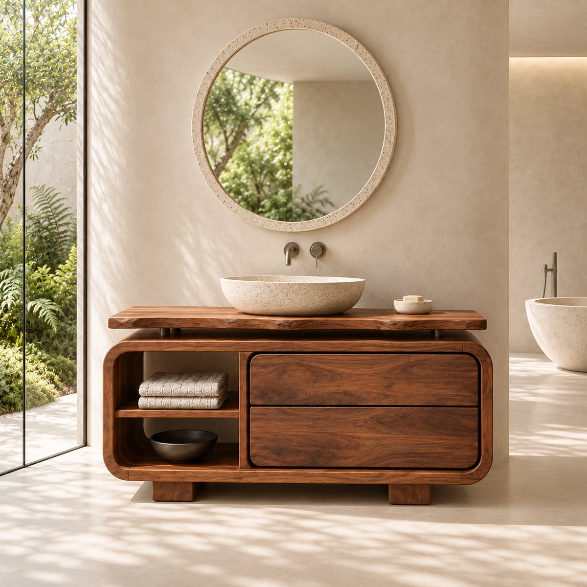 Traditional Bathroom Vanity with Rounded Storage Drawers in Natural Solid Wood - Woodenecho - 3