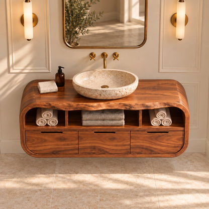 Traditional Bathroom Vanity with Rounded Storage Drawers in Natural Solid Wood - Woodenecho - 4
