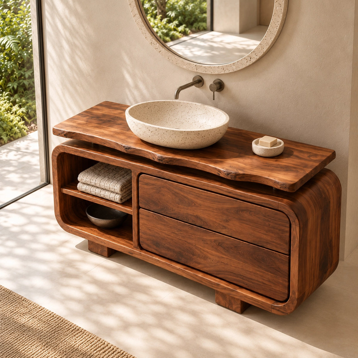 Traditional Bathroom Vanity with Rounded Storage Drawers in Natural Solid Wood - Woodenecho - 4