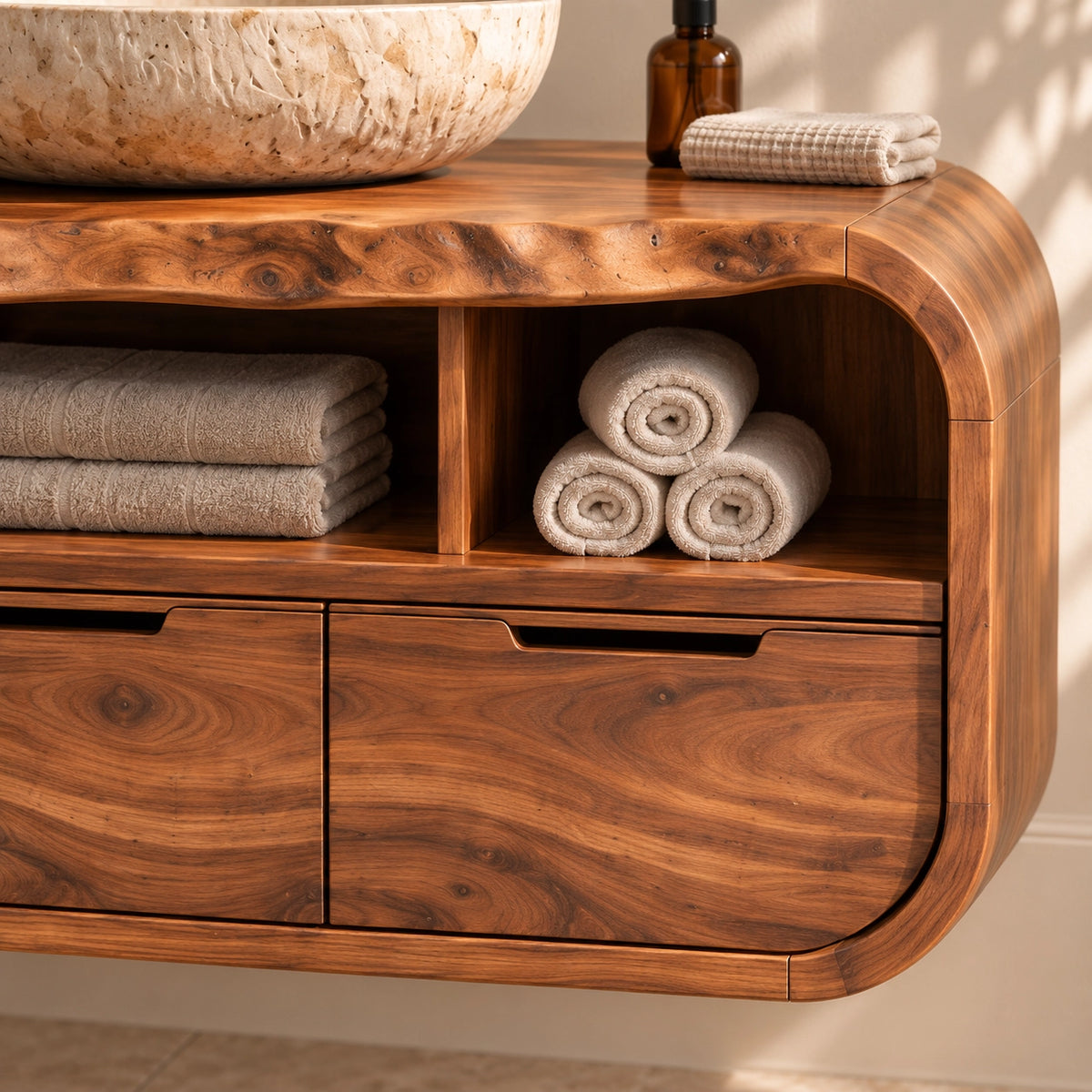 Traditional Bathroom Vanity with Rounded Storage Drawers in Natural Solid Wood - Woodenecho - 5