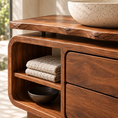 Traditional Bathroom Vanity with Rounded Storage Drawers in Natural Solid Wood - Woodenecho - 5