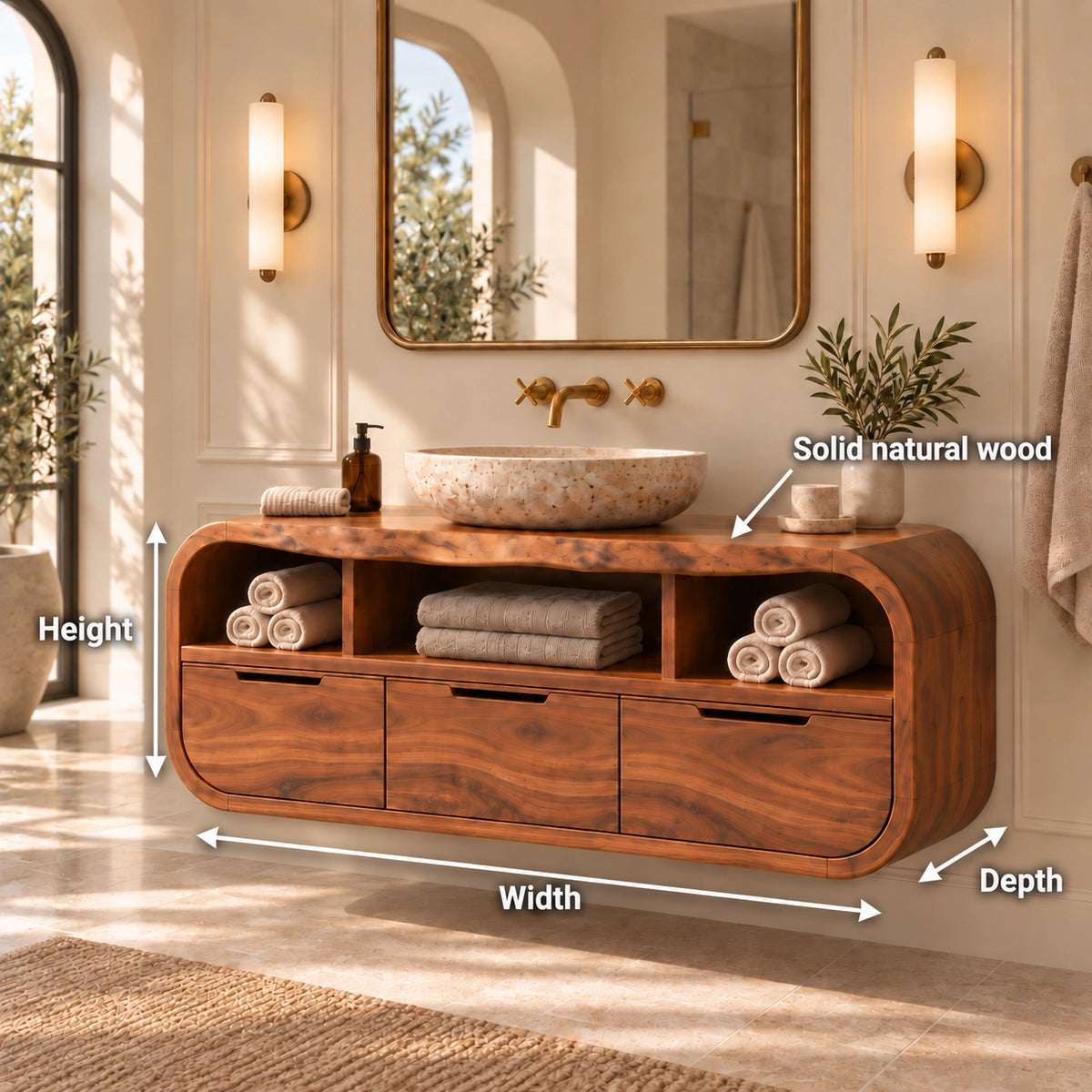 Traditional Bathroom Vanity with Rounded Storage Drawers in Natural Solid Wood - Woodenecho - 6