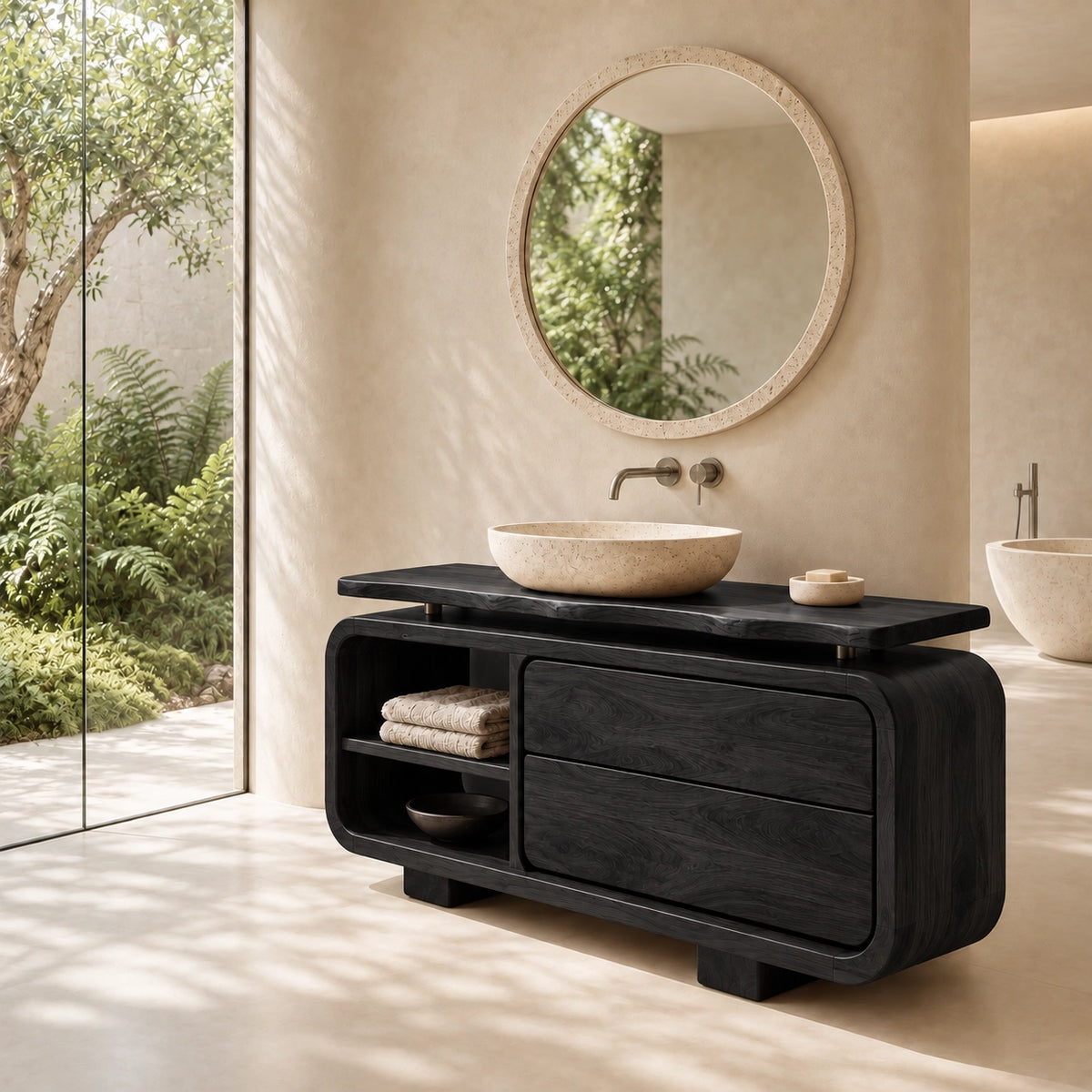 Traditional Bathroom Vanity with Rounded Storage Drawers in Natural Solid Wood - Woodenecho - 6
