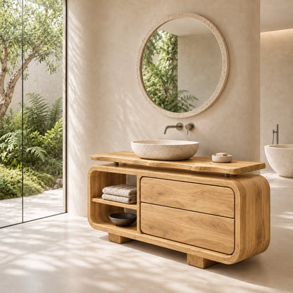 Traditional Bathroom Vanity with Rounded Storage Drawers in Natural Solid Wood - Woodenecho - 7