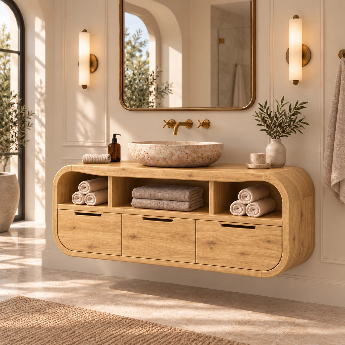 Traditional Bathroom Vanity with Rounded Storage Drawers in Natural Solid Wood - Woodenecho - 8