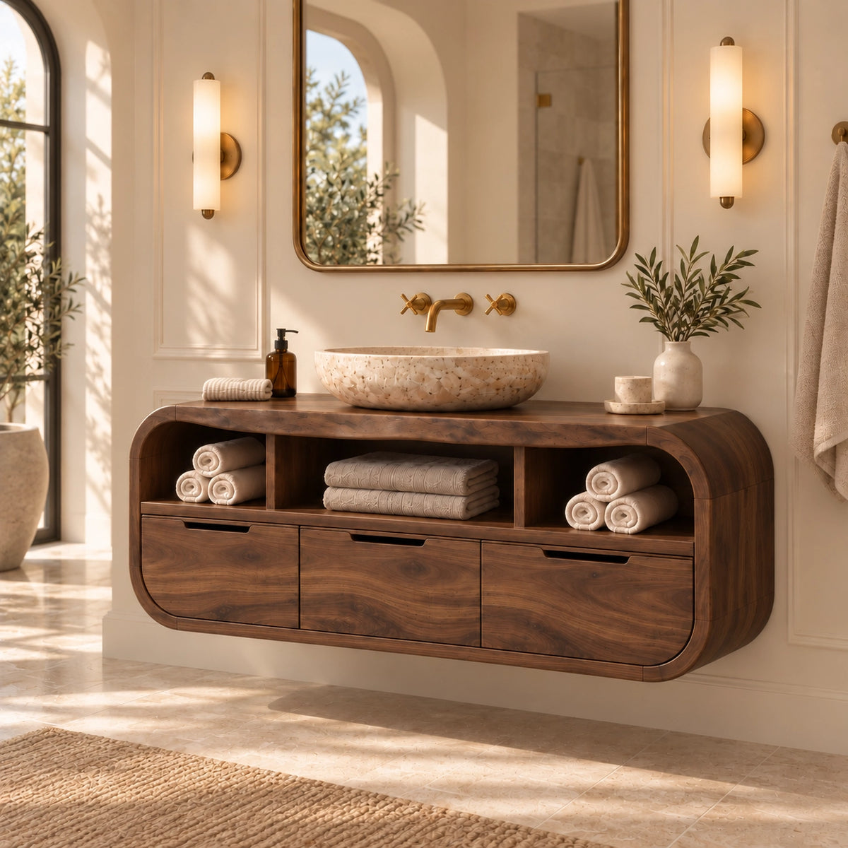 Traditional Bathroom Vanity with Rounded Storage Drawers in Natural Solid Wood - Woodenecho - 9