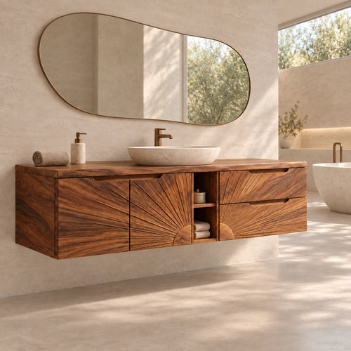 Traditional Bathroom Vanity with Sunburst Carved Doors in Natural Solid Wood - Woodenecho - 1