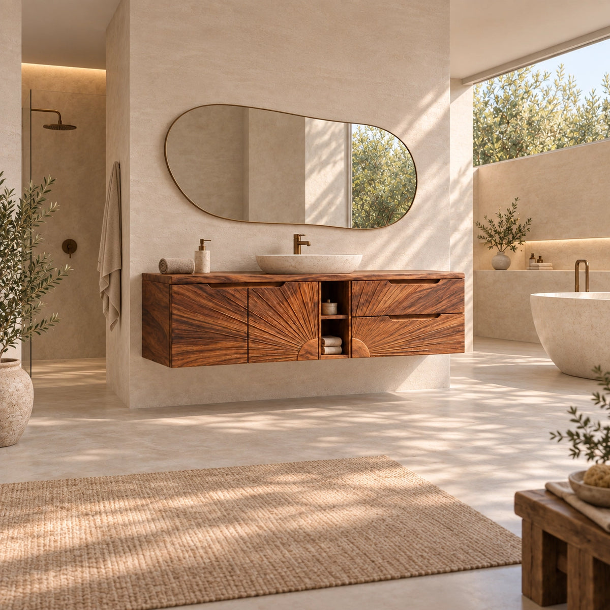 Traditional Bathroom Vanity with Sunburst Carved Doors in Natural Solid Wood - Woodenecho - 2