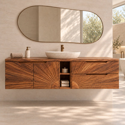 Traditional Bathroom Vanity with Sunburst Carved Doors in Natural Solid Wood - Woodenecho - 3
