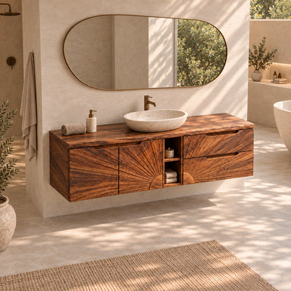 Traditional Bathroom Vanity with Sunburst Carved Doors in Natural Solid Wood - Woodenecho - 4