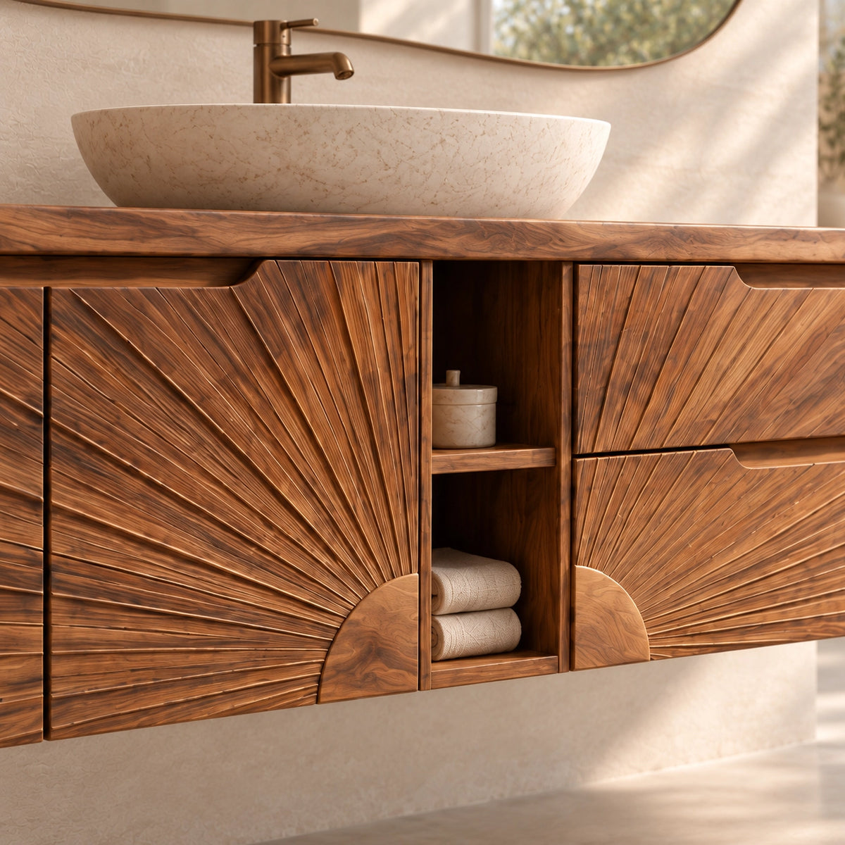 Traditional Bathroom Vanity with Sunburst Carved Doors in Natural Solid Wood - Woodenecho - 5