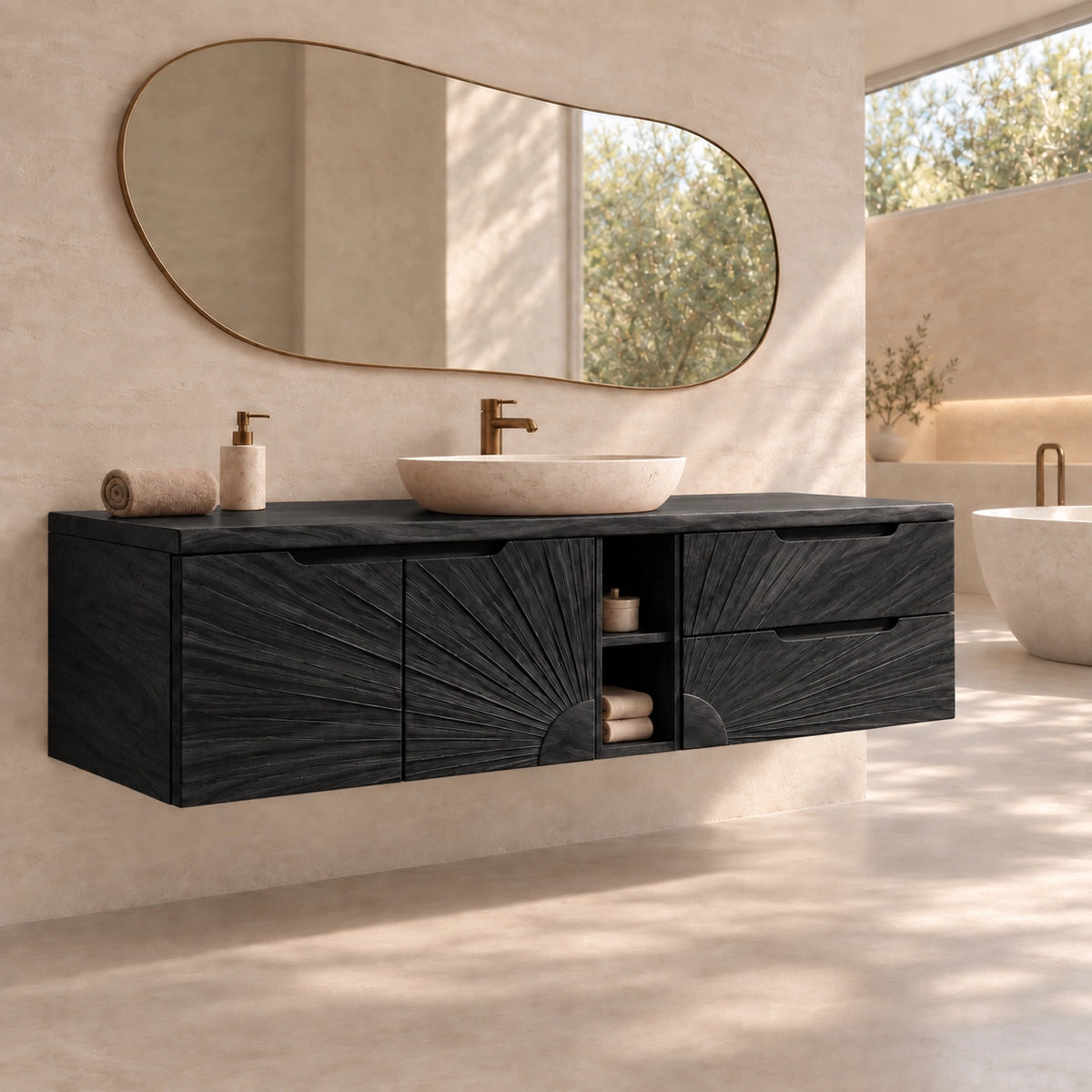 Traditional Bathroom Vanity with Sunburst Carved Doors in Natural Solid Wood - Woodenecho - 7