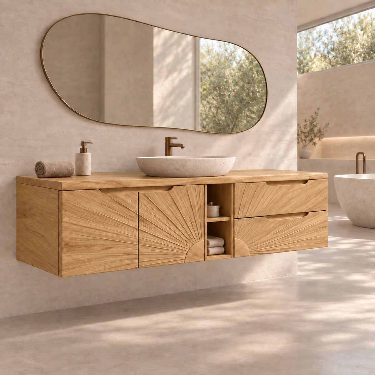 Traditional Bathroom Vanity with Sunburst Carved Doors in Natural Solid Wood - Woodenecho - 8