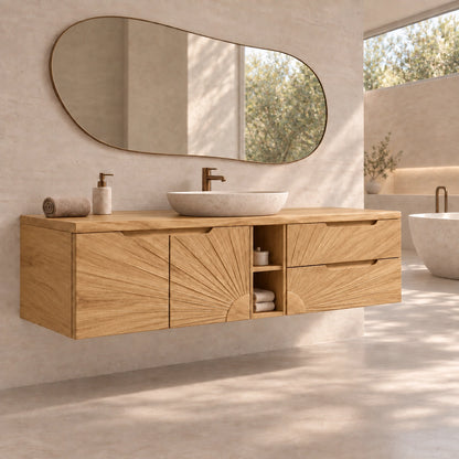 Traditional Bathroom Vanity with Sunburst Carved Doors in Natural Solid Wood - Woodenecho - 8