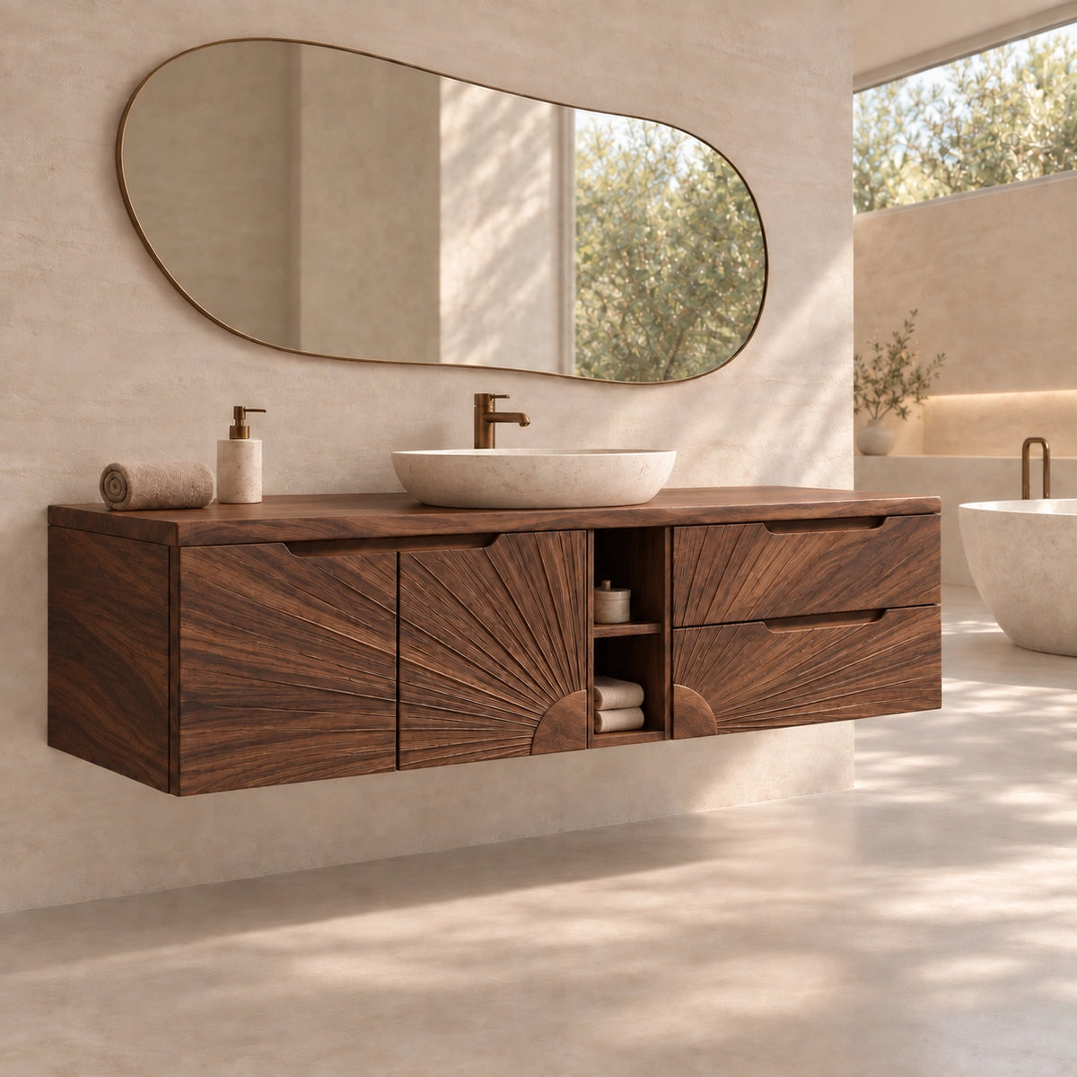 Traditional Bathroom Vanity with Sunburst Carved Doors in Natural Solid Wood - Woodenecho - 9