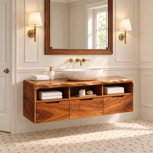 Traditional Bathroom Vanity with Three Drawers and Open Shelving in Wood - Woodenecho - 1