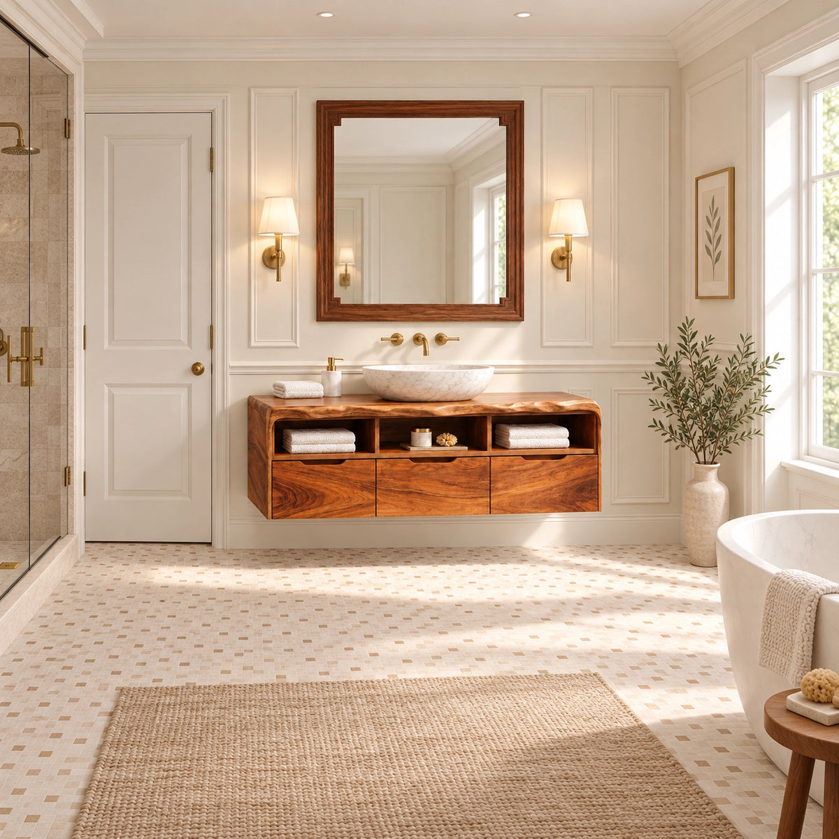 Traditional Bathroom Vanity with Three Drawers and Open Shelving in Wood - Woodenecho - 2