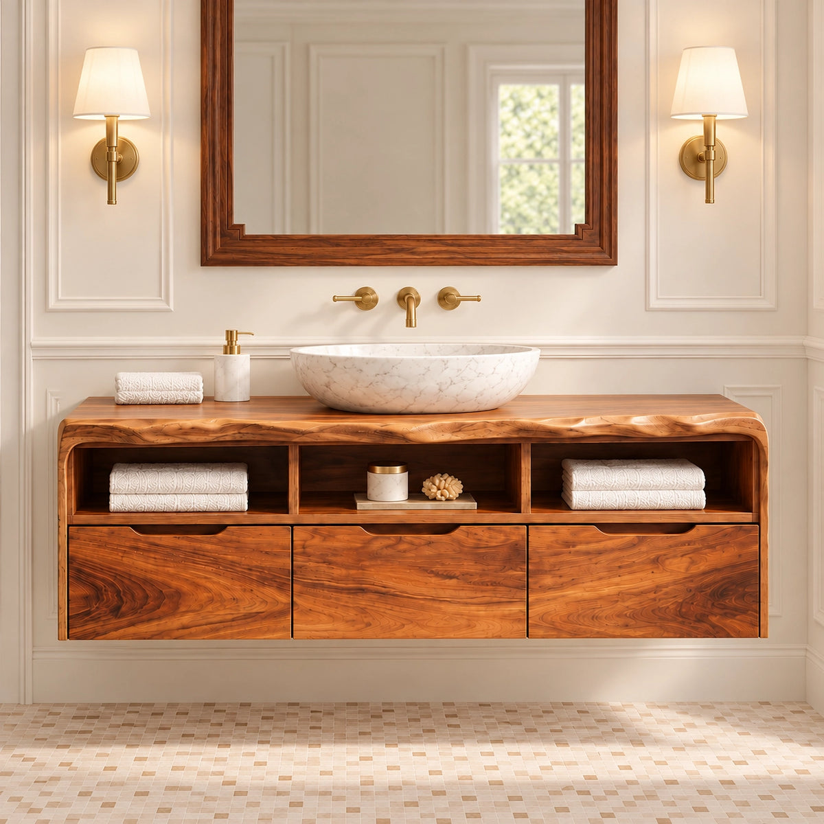 Traditional Bathroom Vanity with Three Drawers and Open Shelving in Wood - Woodenecho - 3