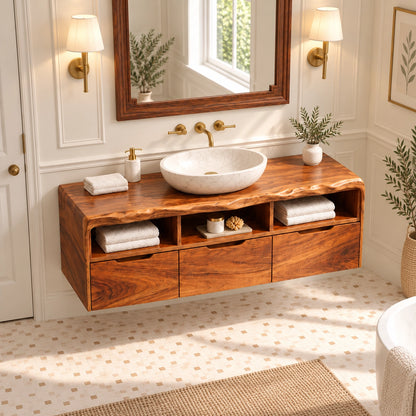 Traditional Bathroom Vanity with Three Drawers and Open Shelving in Wood - Woodenecho - 4