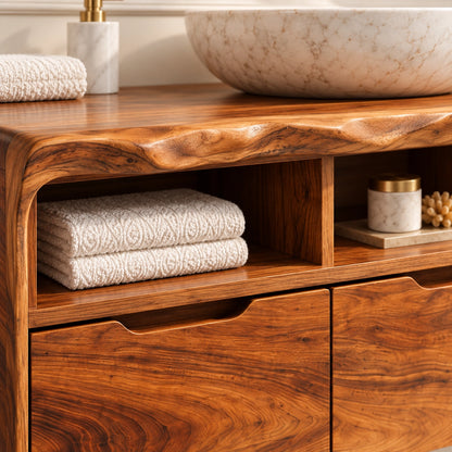 Traditional Bathroom Vanity with Three Drawers and Open Shelving in Wood - Woodenecho - 5