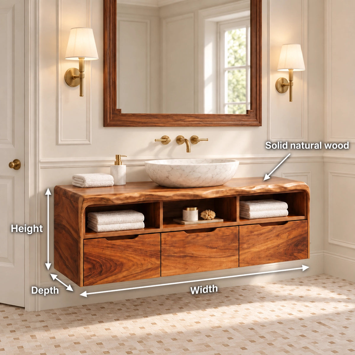 Traditional Bathroom Vanity with Three Drawers and Open Shelving in Wood - Woodenecho - 6