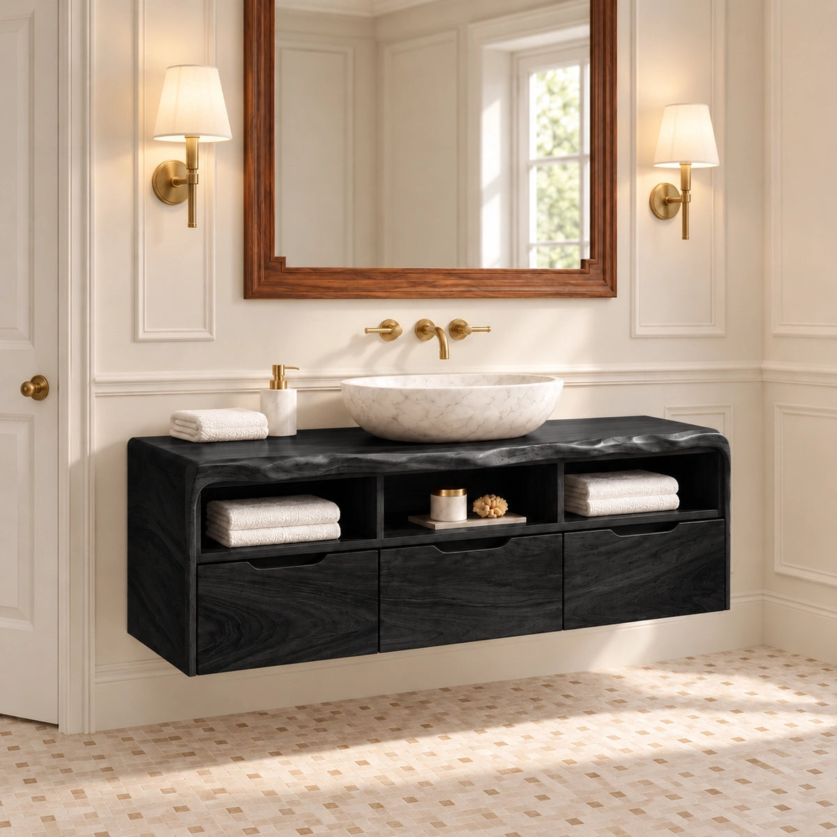 Traditional Bathroom Vanity with Three Drawers and Open Shelving in Wood - Woodenecho - 7