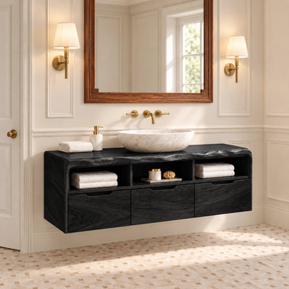 Traditional Bathroom Vanity with Three Drawers and Open Shelving in Wood - Woodenecho - 7