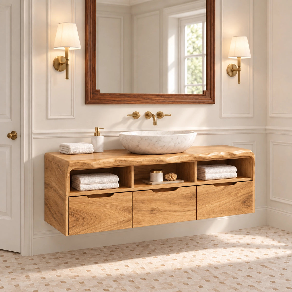 Traditional Bathroom Vanity with Three Drawers and Open Shelving in Wood - Woodenecho - 8