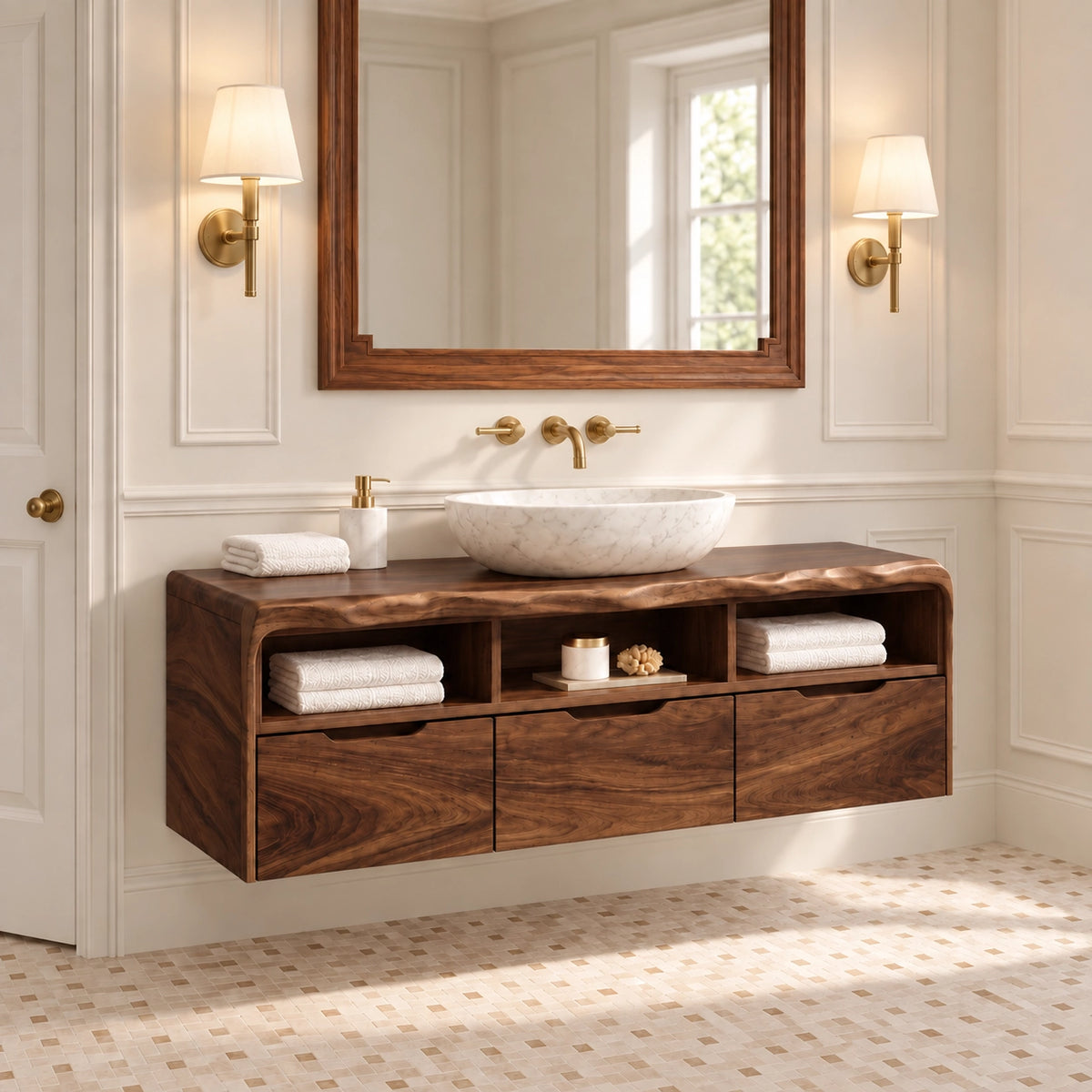 Traditional Bathroom Vanity with Three Drawers and Open Shelving in Wood - Woodenecho - 9