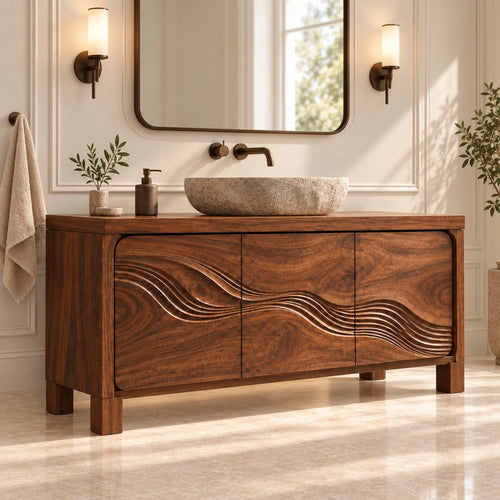 Traditional Bathroom Vanity with Wave-Carved Cabinet Doors in Natural Solid Wood - Woodenecho - 1