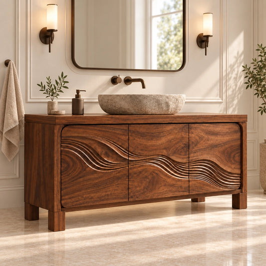 Traditional Bathroom Vanity with Wave-Carved Cabinet Doors in Natural Solid Wood - Woodenecho - 1
