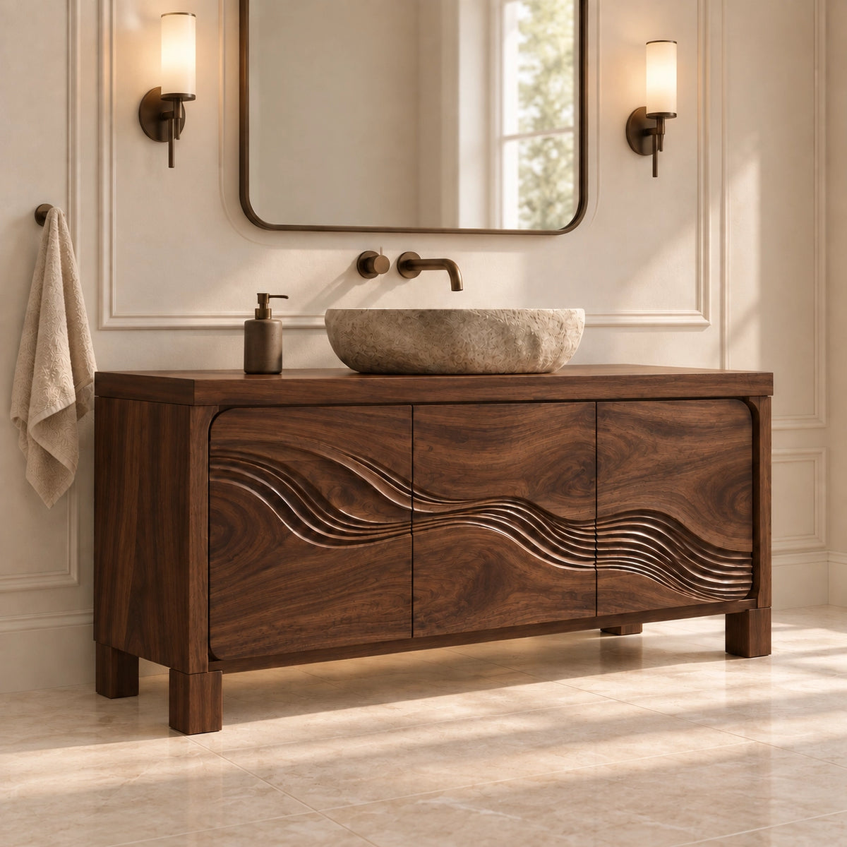 Traditional Bathroom Vanity with Wave-Carved Cabinet Doors in Natural Solid Wood - Woodenecho - 10