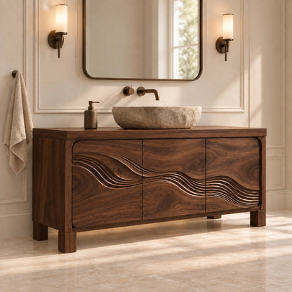 Traditional Bathroom Vanity with Wave-Carved Cabinet Doors in Natural Solid Wood - Woodenecho - 10