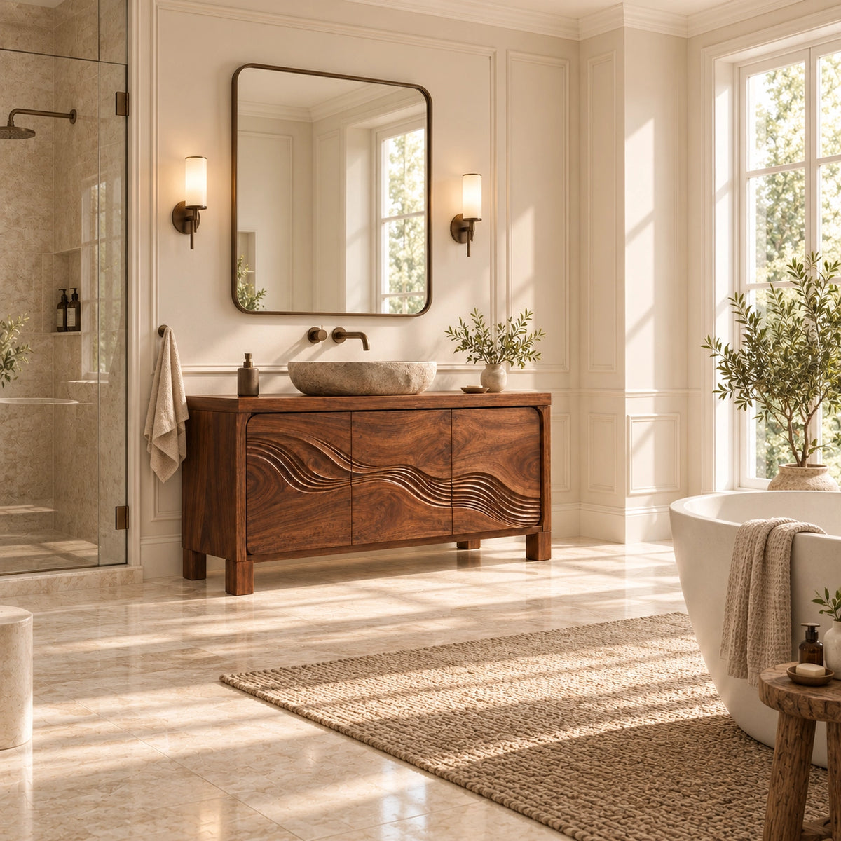 Traditional Bathroom Vanity with Wave-Carved Cabinet Doors in Natural Solid Wood - Woodenecho - 2