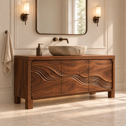 Traditional Bathroom Vanity with Wave-Carved Cabinet Doors in Natural Solid Wood - Woodenecho - 3