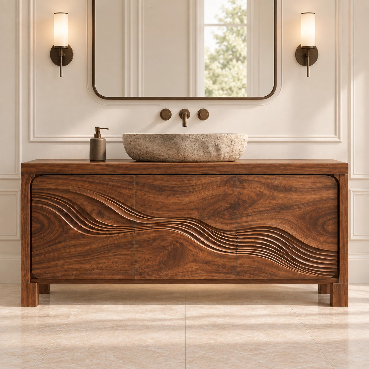 Traditional Bathroom Vanity with Wave-Carved Cabinet Doors in Natural Solid Wood - Woodenecho - 4