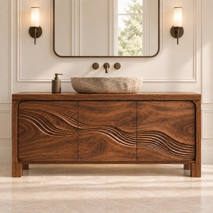Traditional Bathroom Vanity with Wave-Carved Cabinet Doors in Natural Solid Wood - Woodenecho - 4