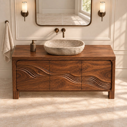 Traditional Bathroom Vanity with Wave-Carved Cabinet Doors in Natural Solid Wood - Woodenecho - 5