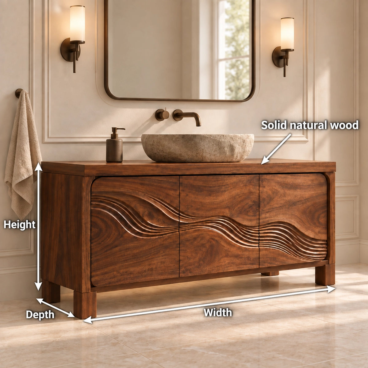 Traditional Bathroom Vanity with Wave-Carved Cabinet Doors in Natural Solid Wood - Woodenecho - 7