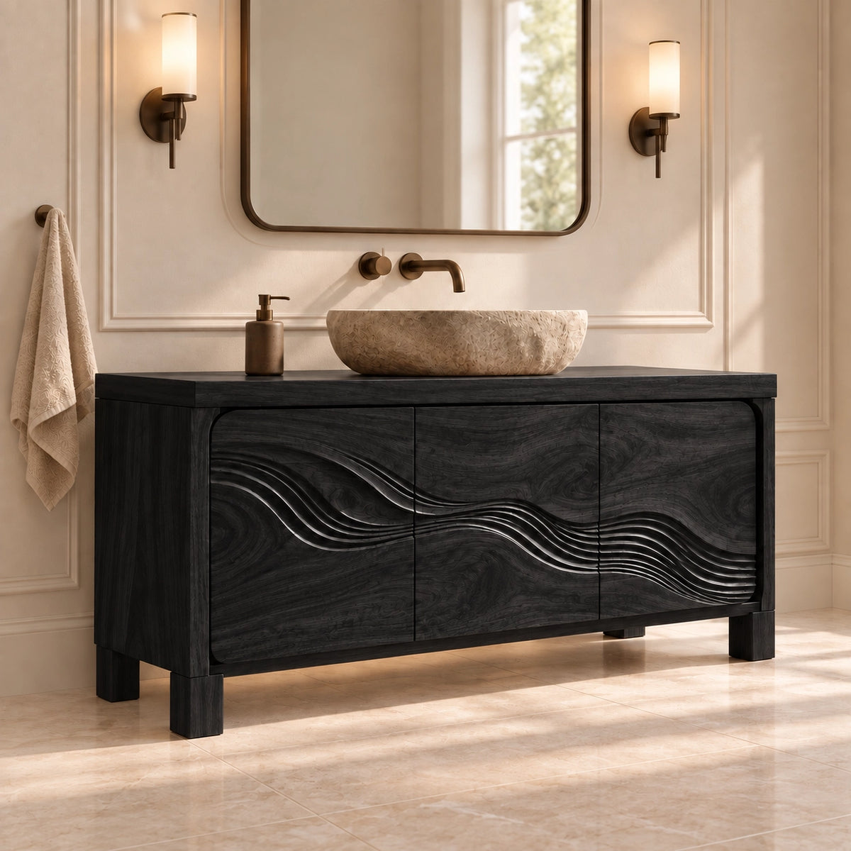 Traditional Bathroom Vanity with Wave-Carved Cabinet Doors in Natural Solid Wood - Woodenecho - 8