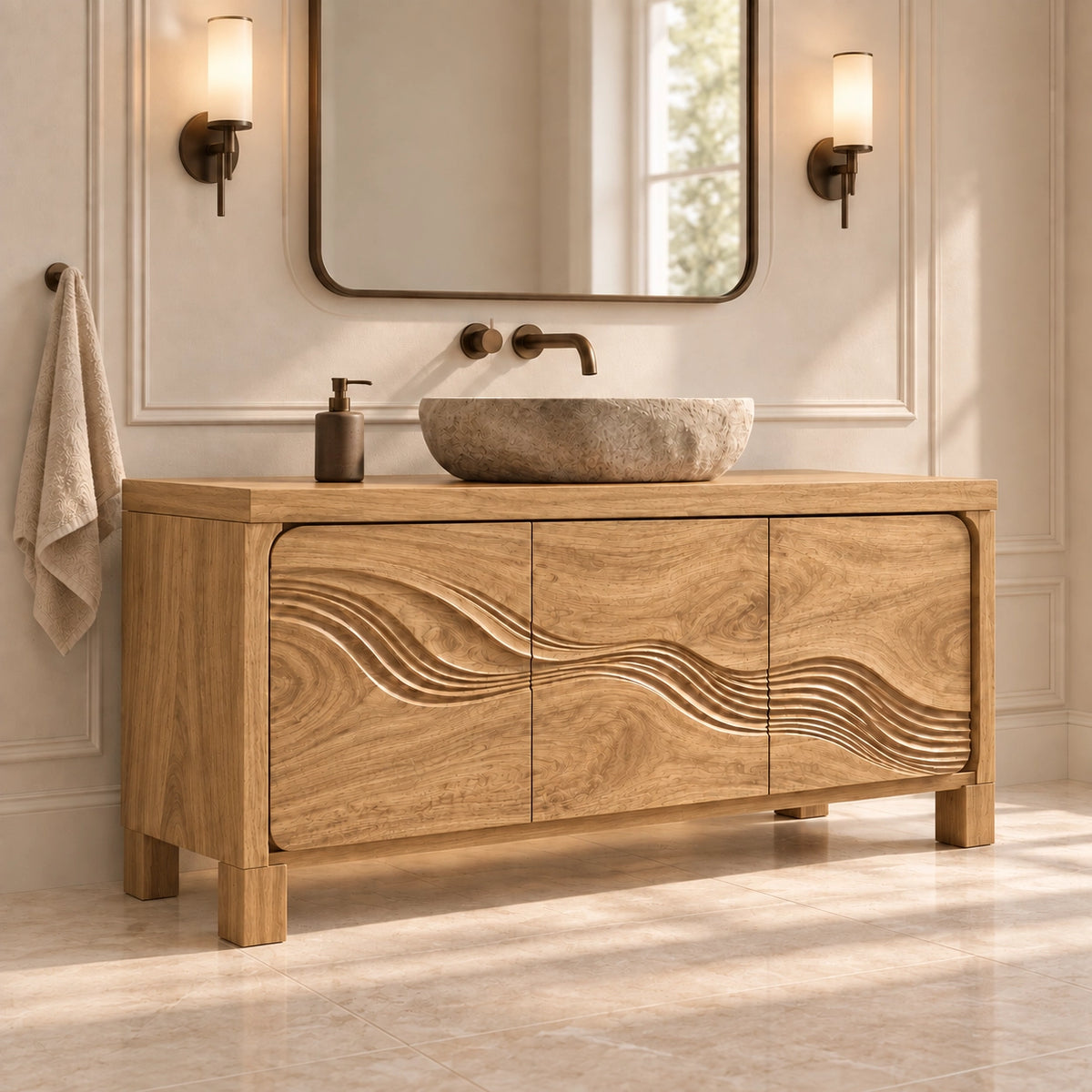 Traditional Bathroom Vanity with Wave-Carved Cabinet Doors in Natural Solid Wood - Woodenecho - 9