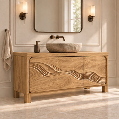 Traditional Bathroom Vanity with Wave-Carved Cabinet Doors in Natural Solid Wood - Woodenecho - 9