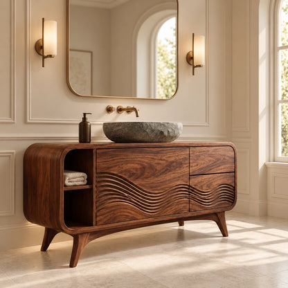 Traditional Bathroom Vanity with Wave-Carved Design in Natural Solid Wood - Woodenecho - 1