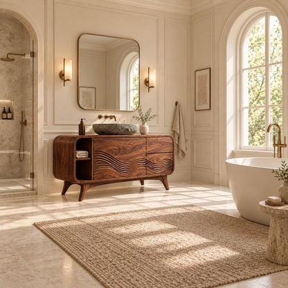 Traditional Bathroom Vanity with Wave-Carved Design in Natural Solid Wood - Woodenecho - 2