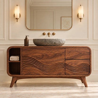Traditional Bathroom Vanity with Wave-Carved Design in Natural Solid Wood - Woodenecho - 3