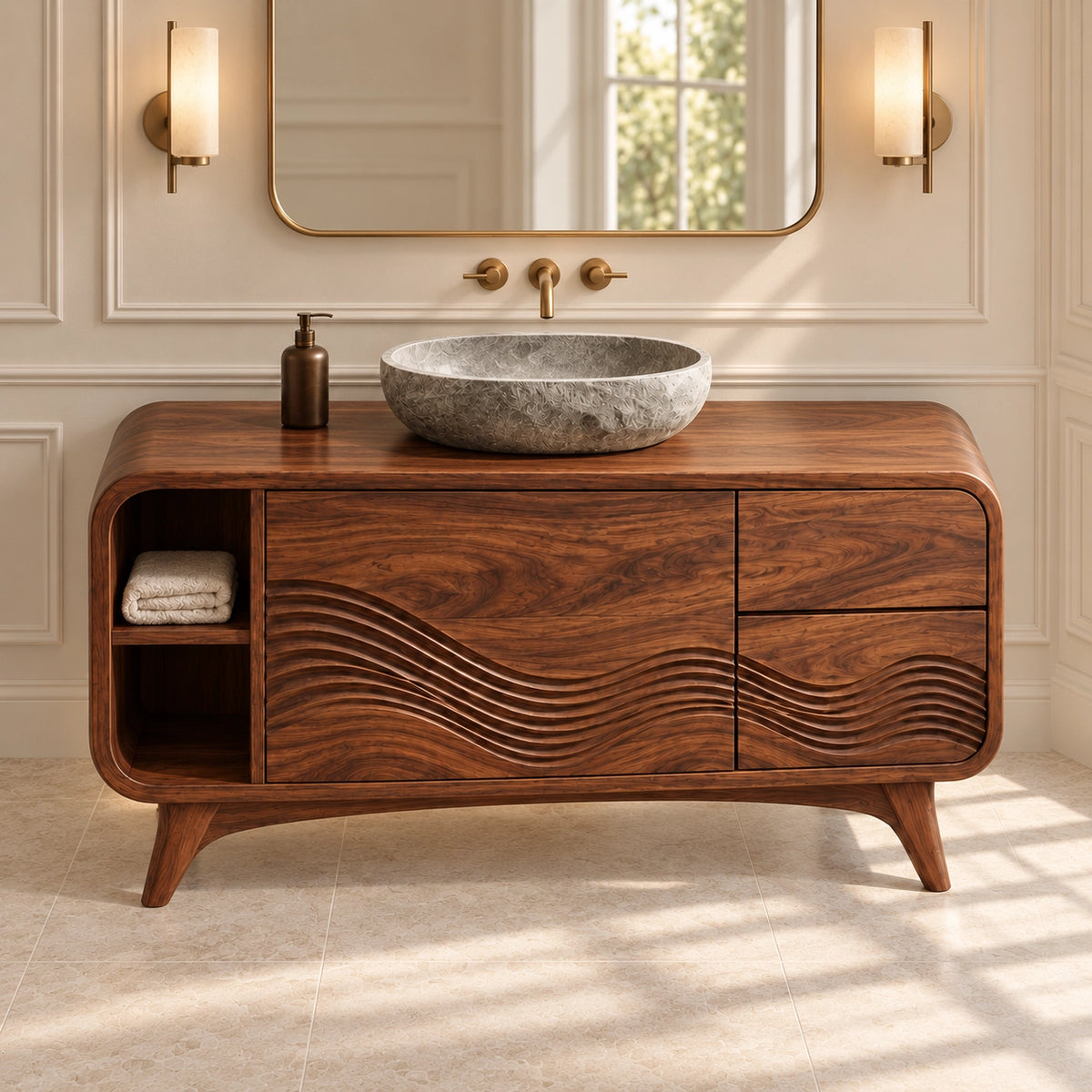 Traditional Bathroom Vanity with Wave-Carved Design in Natural Solid Wood - Woodenecho - 4