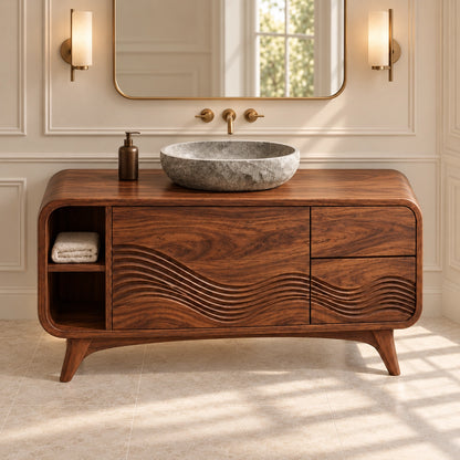 Traditional Bathroom Vanity with Wave-Carved Design in Natural Solid Wood - Woodenecho - 4