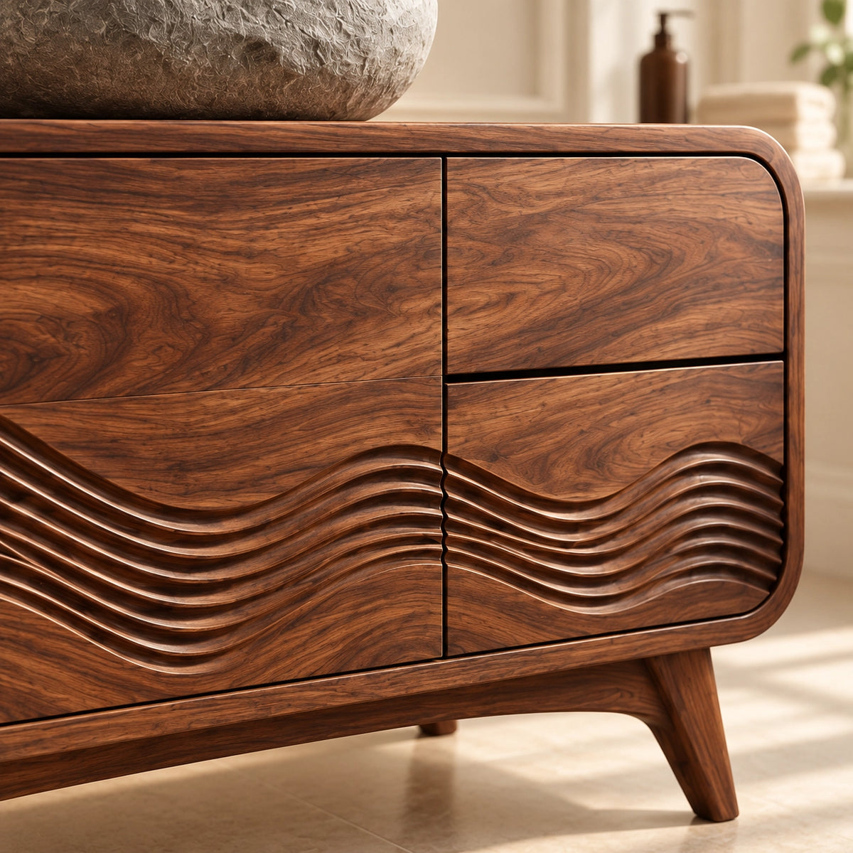 Traditional Bathroom Vanity with Wave-Carved Design in Natural Solid Wood - Woodenecho - 5