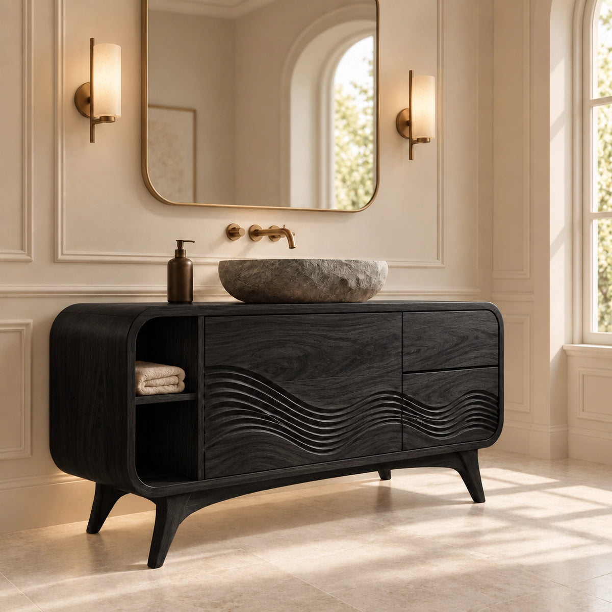 Traditional Bathroom Vanity with Wave-Carved Design in Natural Solid Wood - Woodenecho - 7