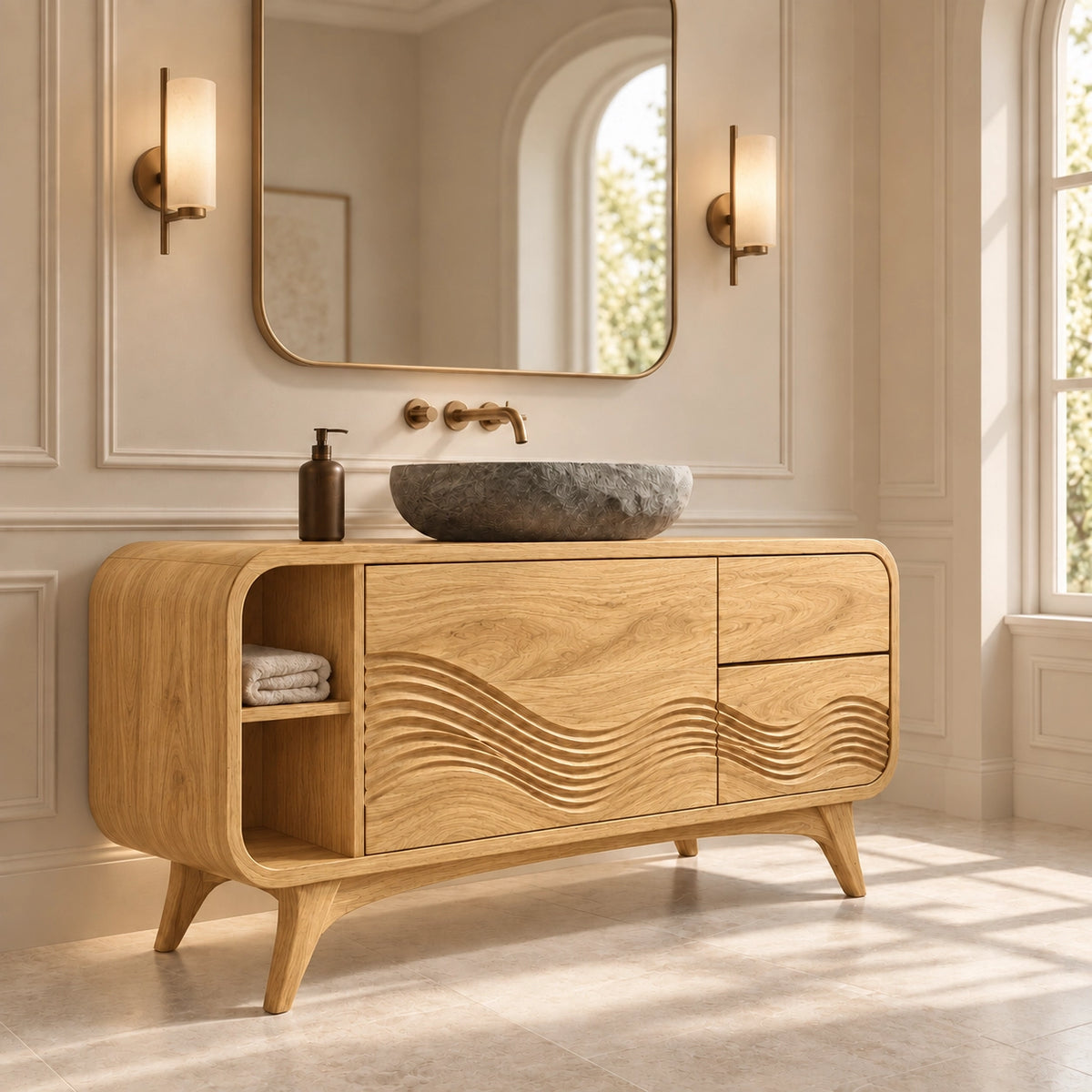 Traditional Bathroom Vanity with Wave-Carved Design in Natural Solid Wood - Woodenecho - 8